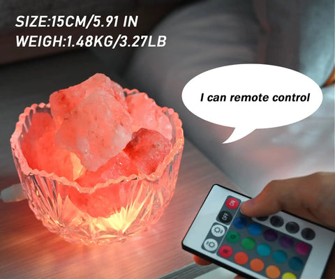 USB Himalayan Salt Lamp Bowl With Natural Crystal Chunks, 16 Colors And 4 Light Modes, remote control visible