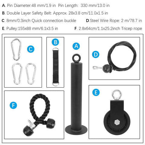 Components of Home Gym Pulley System for DIY Loading Muscle Training Kit, including nylon rope, safety belt, and steel wire rope.