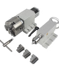 Heavy Hitter CNC Router Fourth Axis Rotary Table With 3 Jaw 100MM Chuck, featuring a metal design and accessory components for milling operations.