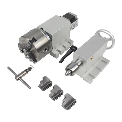 Heavy Hitter CNC Router Fourth Axis Rotary Table With 3 Jaw 100MM Chuck, featuring a metal design and accessory components for milling operations.
