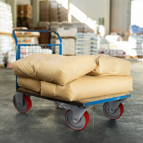Beefy Four Inch Caster Wheel Set With Two Locking Brakes And Two Rigid Rollers Tough Steel Frame grunting under heavy loads in warehouse cart.