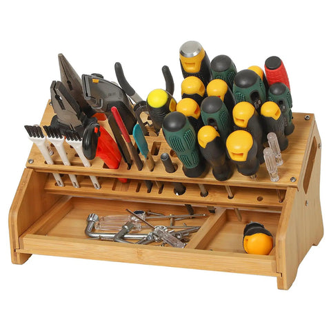 Eco Friendly Bamboo Screwdriver Organizer And Tool Storage Rack For Workbench And Desktop with 53 slots, holding tools.