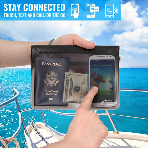 Hand holding Killer Waterproof Fanny Pack Phone Pouch Dry Bag on boat with phone, passport, and cash inside.