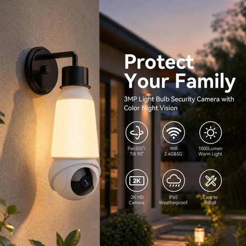 Straight Fire 2K Light Bulb Camera With Full Sweep Panning And Dead Reliable Dual Band Wifi For Home Security featuring a white light bulb design.