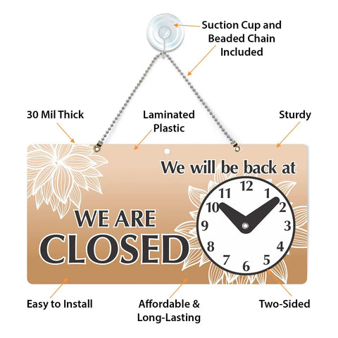 We Are Open Or Closed Clock Sign 6x12 Inches With Be Back At Tough Double Sided Laminated Plastic Suction Cup And Beaded Chain