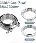 V Band Clamp With Flange 2.36 Inch 304 Stainless Steel Exhaust Clamp Kit showing male and female flanges.