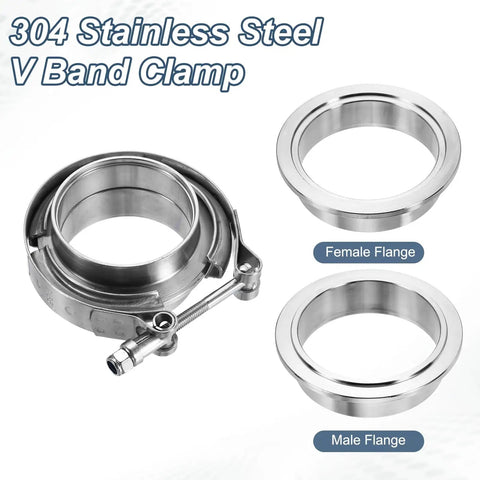 V Band Clamp With Flange 2.36 Inch 304 Stainless Steel Exhaust Clamp Kit showing male and female flanges.