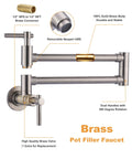 Brass Pot Filler Faucet Wall Mount, Brushed Nickel, Folding Stretchable Arm With Double Joint Swing, Single Hole, 2 Handles
