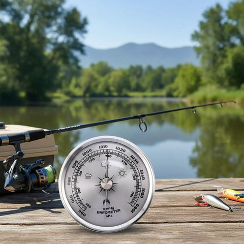 High Precision Indoor Barometer For Home Weather Tracking And Fishing Prep Easy Read Dial Gauge shown outdoors on wooden table