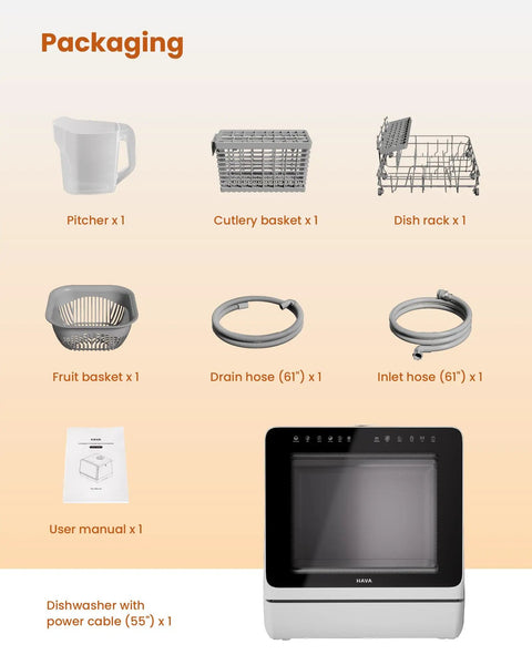 Packaging components of Compact Countertop Dishwasher With Built In Water Softener And Smart Eco Mode for effortless cleaning.