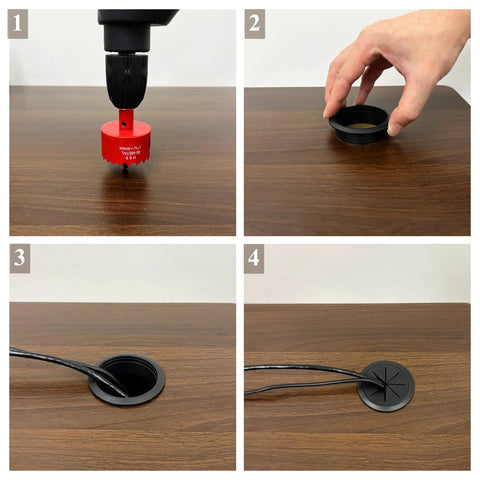 Installation of 2 Pack Desk Grommet 2 Inch 50 Mm Hole Cover For Cables Black Desk Cord Hole Cover With Hole Saw Drill Attachment and Cable Ties