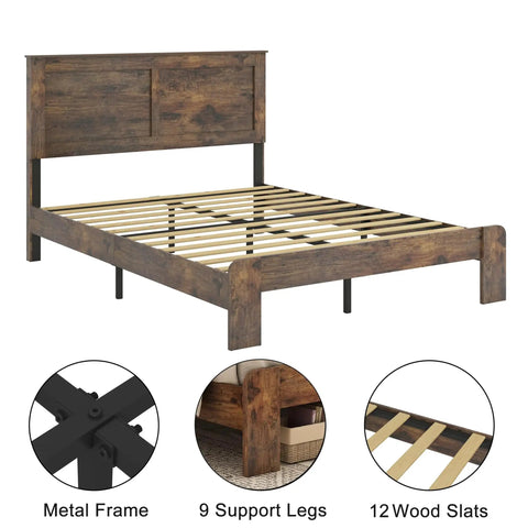 Built Like A Tank Queen Bed Frame With Headboard And Footboard Featuring Solid Wood Slats And Reinforced Legs, dark brown metal frame.