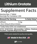 Supplement facts for Lithium Orotate 5mg Tablets 200 Count Superior Trace Mineral Supplement For Daily Feel Good Mood Boost And Stay Calm And Focused Vegetarian Non GMO Gluten Free Made In USA With Simple Orotate Formula displayed on label.