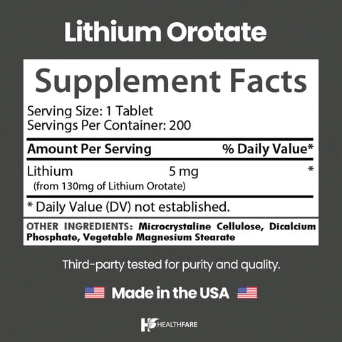 Supplement facts for Lithium Orotate 5mg Tablets 200 Count Superior Trace Mineral Supplement For Daily Feel Good Mood Boost And Stay Calm And Focused Vegetarian Non GMO Gluten Free Made In USA With Simple Orotate Formula displayed on label.