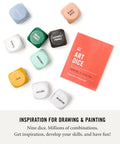 Art Dice Prompts Set Of Nine Wood Dice For Drawing And Painting Inspiration, Color Coded, One Inch Each, Roll To Kickstart Creativity And Bust Artist Block With Easy Read Prompts. nine wood dice and booklet