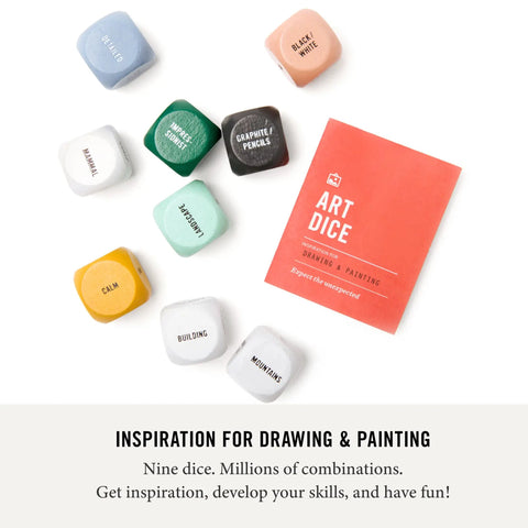 Art Dice Prompts Set Of Nine Wood Dice For Drawing And Painting Inspiration, Color Coded, One Inch Each, Roll To Kickstart Creativity And Bust Artist Block With Easy Read Prompts. nine wood dice and booklet