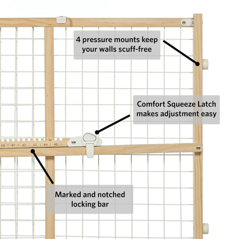 Wooden Wire Mesh Pet Safety Gate Adjustable From 29 To 40.5 Inches Wide And 24 Inches Tall, features comfort squeeze latch and locking bar.