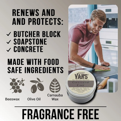 Man using All Natural Beeswax Countertop Care For Soapstone Slate Concrete Composite And Wood Butcher Block Surfaces 6 oz tin
