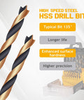 Two titanium-coated brad point drill bits with storage case set. Text highlights features like longer life and high precision.