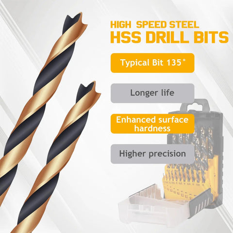 Two titanium-coated brad point drill bits with storage case set. Text highlights features like longer life and high precision.