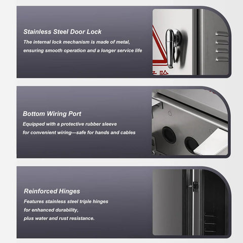 Heavy Duty 304 Stainless Steel Electrical Enclosure Box With Secure Safety Latch And Wall Mounting Plate showing lock, wiring port, and hinges.
