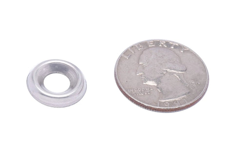 No. 10 stainless cup washer, countersunk finish; small round stainless steel washer shown beside a dime