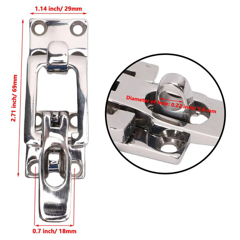 Front view of 316 stainless steel anti-rattle hatch latch with padlock hole and center tension cam.