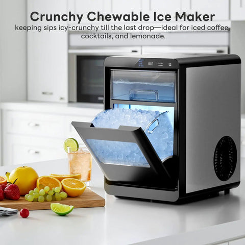 Quiet Nugget Ice Maker For Countertop With 44 Lb Daily Capacity, Rapid 15 Minute Ice Production, open showing ice inside