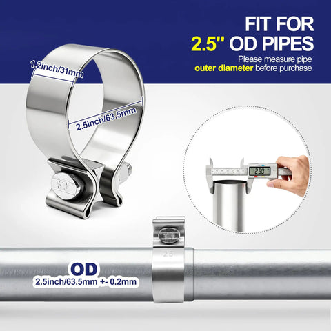 2.5 Inch Exhaust Clamp Narrow Band Stainless Steel 304 Muffler Clamp for 2.5 OD Exhaust Pipe, dimensions shown