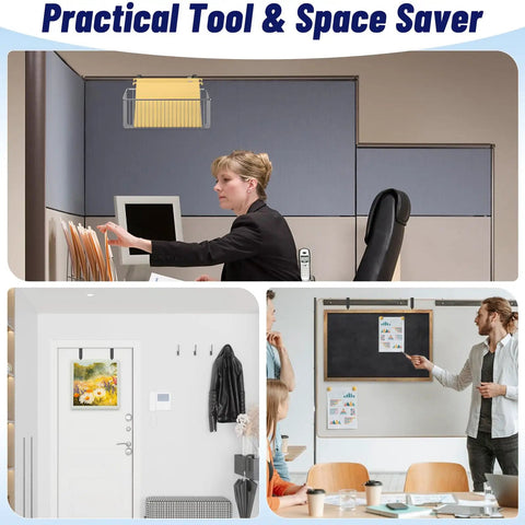 Over The Door Hooks For Office Cubicles 4 Pack Durable Metal Hangers used in office and home settings, holding files and decor.