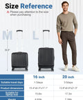 Size reference chart showing compact 16 inch carry on luggage with front laptop pocket and TSA lock alongside 20 inch version.