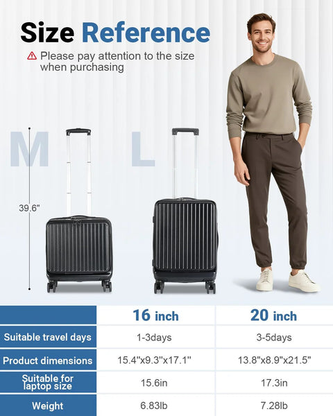 Size reference chart showing compact 16 inch carry on luggage with front laptop pocket and TSA lock alongside 20 inch version.