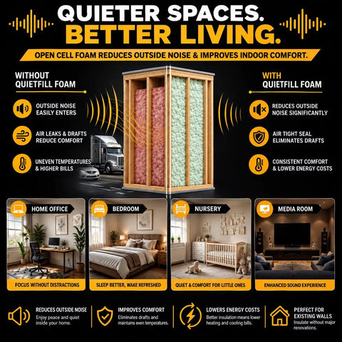 Solid Open Cell Injection Foam Insulation Kit Delivers One Hundred Cubic Feet Coverage visualizing noise reduction and enhanced comfort.