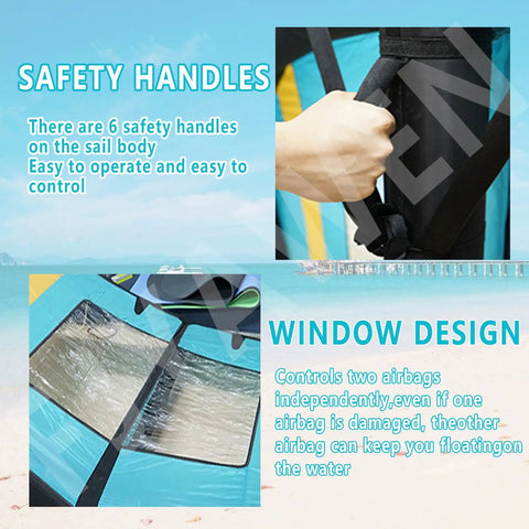 Handheld Foil Wing Kite 4M 5M 6M Sizes with safety handles and window design for wind wing foiling and water sports.