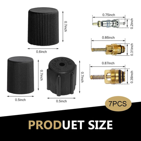 7 Piece Air Conditioning Valve Core Kit For Cars, Trucks, And SUVs Includes Low Pressure Port Cap And Valve Stem Cores size diagram