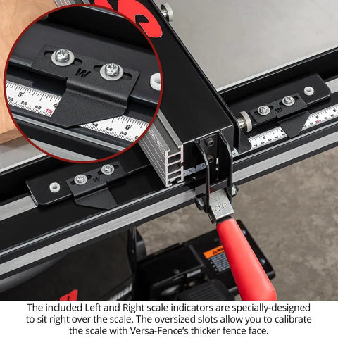 Detail of Heavy Duty Featherboard Mount For Table Saw, showing scale indicators and calibration with Versa Fence.