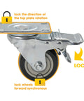 Close-up of locking swivel caster with brake for Heavy-Duty Plastic Drum Dolly For 30 And 55 Gallon Drums, 900 Lb Capacity