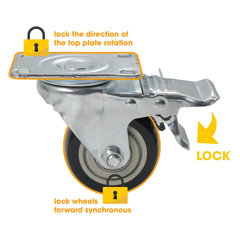Close-up of locking swivel caster with brake for Heavy-Duty Plastic Drum Dolly For 30 And 55 Gallon Drums, 900 Lb Capacity