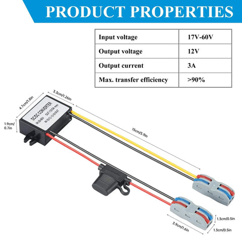Beefy 17 To 60V DC Buck Converter Down To 12V 3A 36W IP67 Waterproof Power Module with wiring and specifications table