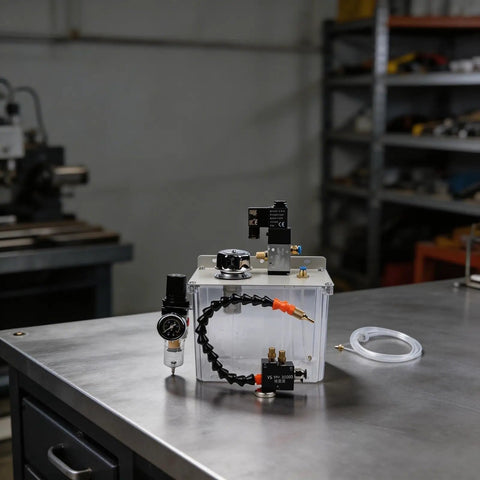No Sweat 3 Liter Machine Tool Coolant Sprayer With Easy Twist Flow Dial And Flexible Shaft. Visible coolant tank and connections.