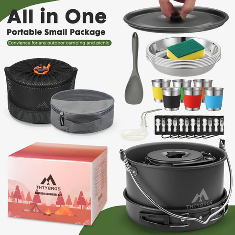 43-Piece Camping Cookware Set Feeds 6 People, Big Crew Ready for Family Campouts, Heavy-Duty Aluminum Outdoor Cook Kit items displayed