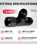 10AN Flare Male Tee Fitting Adapter With AN10 Female Swivel Beefed-Up Black Anodized 6061-T6 Aluminum For Auto High Pressure Lines 7/8-14 UNF Threads 1500 PSI Working Pressure -40 F To 250 F 37 Degree Seal, black tee fitting