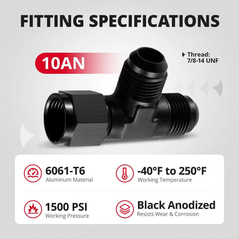 10AN Flare Male Tee Fitting Adapter With AN10 Female Swivel Beefed-Up Black Anodized 6061-T6 Aluminum For Auto High Pressure Lines 7/8-14 UNF Threads 1500 PSI Working Pressure -40 F To 250 F 37 Degree Seal, black tee fitting