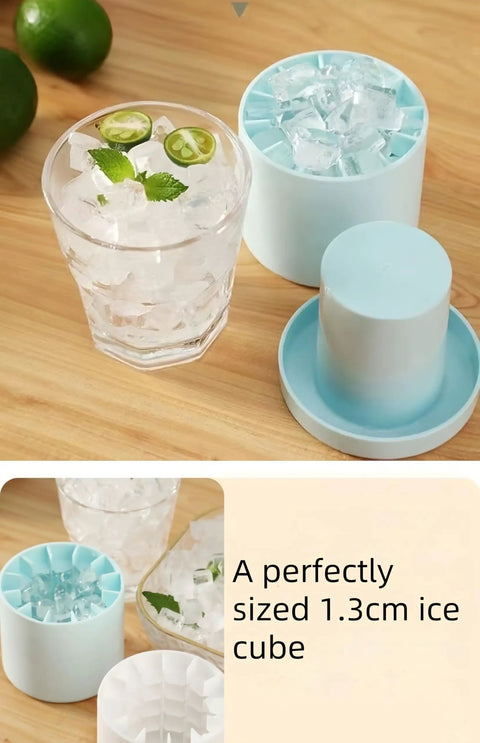 3D Upgraded Silicone Ice Cube Tray With Easy Release For Fast Ice 30 Cubes Leak Proof and Space Saving Freezer Organizer, BPA Free, Ideal For Cocktails Coffee RV Office Parties Includes Travel Ice Bucket, Blue, with ice-filled glass and lid displayed.