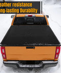Premium Pull-Lock-Go Tonneau Cover For Ford Ranger 5ft Bed with black weather-resistant cover on snowy truck.
