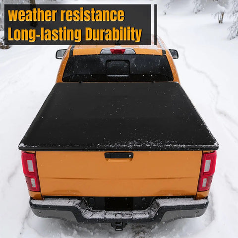Premium Pull-Lock-Go Tonneau Cover For Ford Ranger 5ft Bed with black weather-resistant cover on snowy truck.