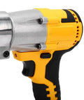 Close-up of Gowenic 20V Cordless Electric Metal Shears handle featuring trigger and control for sheet metal cutting.