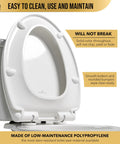 Heavy Duty White Elongated Toilet Seat Featuring Smooth Operator Slow Close Hinges That Never Slam Easy Wipe Clean Surfaces For Daily Grind Built Sick Strong Fits Any Universal Bowl Like A Charm. Top view showing smooth clean surface and rounded bumpers.
