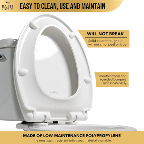 Heavy Duty White Elongated Toilet Seat Featuring Smooth Operator Slow Close Hinges That Never Slam Easy Wipe Clean Surfaces For Daily Grind Built Sick Strong Fits Any Universal Bowl Like A Charm. Top view showing smooth clean surface and rounded bumpers.