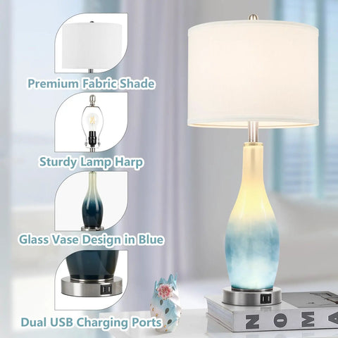Set of 2 Rustic Farmhouse Table Lamps for Living Room and Bedroom, 3 Way Dimmable Touch Control Lamps With USB Charging Ports